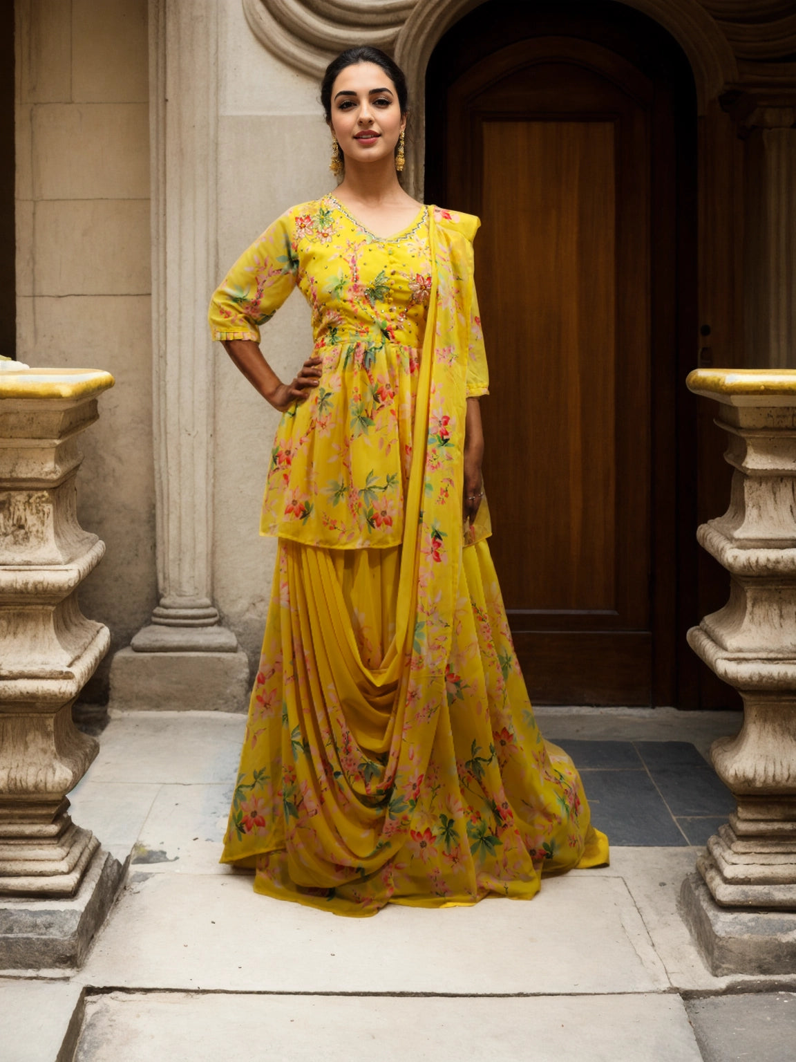 Photo of yellow indo western outfit for mehendi