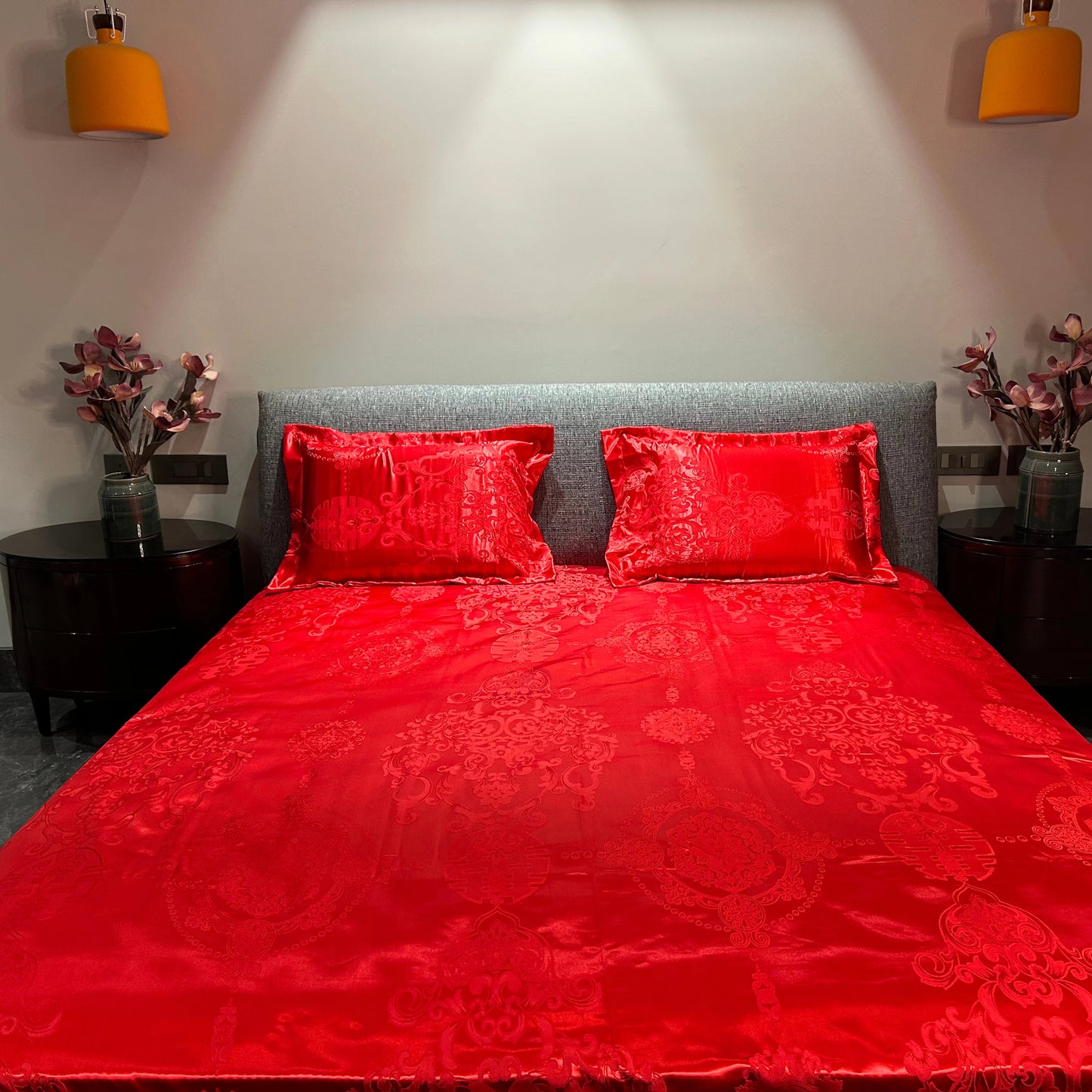 Crimson Silk Splendor Bedsheet Set