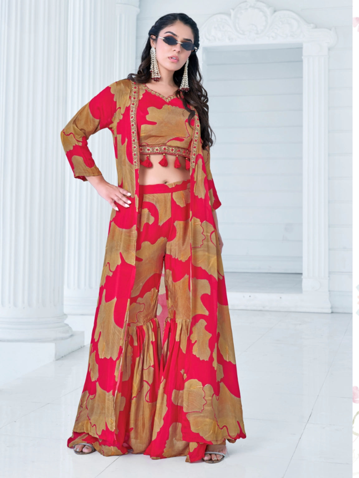 Red Chinon Crop Top Sharara Set with Shrug