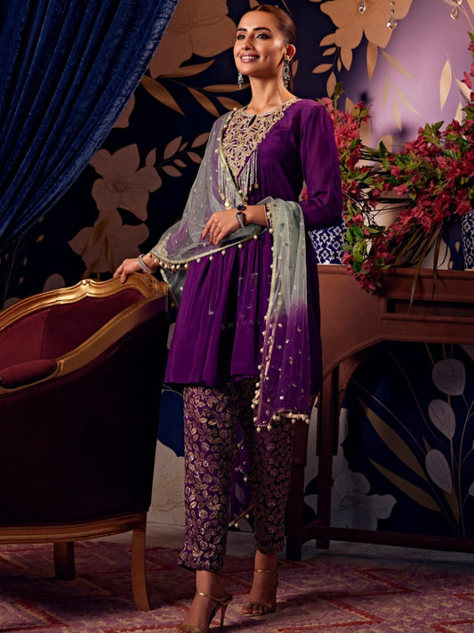 Elegant Dark Purple Peplum Top Pant and Dupatta Set