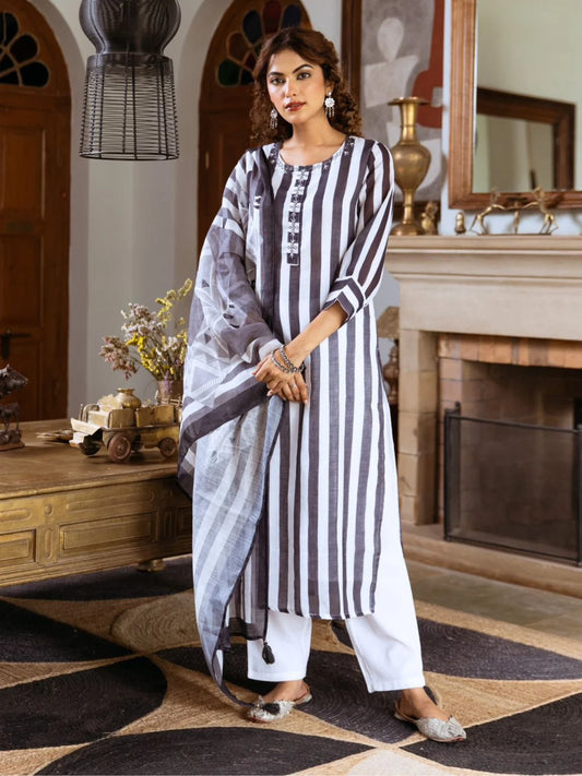 Elegant Grey and Off-White Lining Kurta Pant Dupatta Set