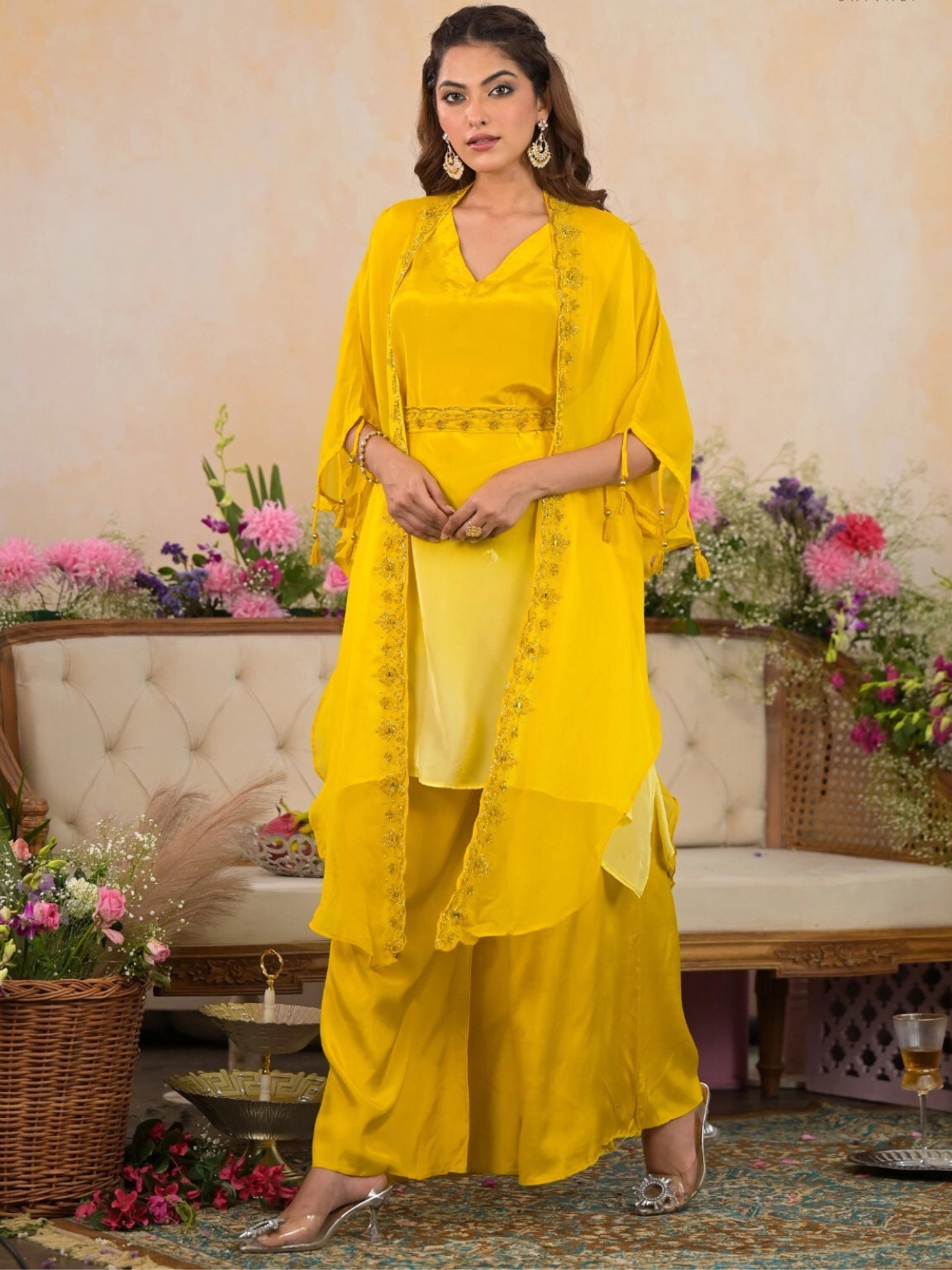 Elegant Yellow Crepe Silk Kaftan Top with Palazzo and Shrug Set