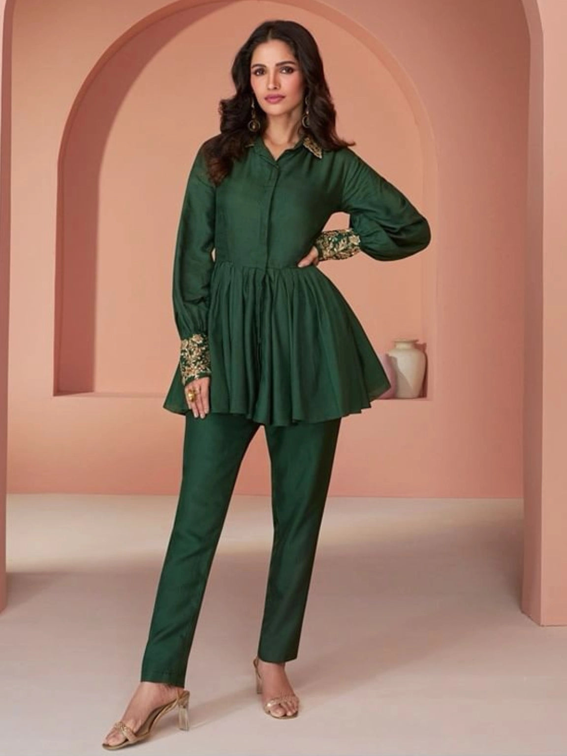 Dark Green Crepe Silk Co-ord Set