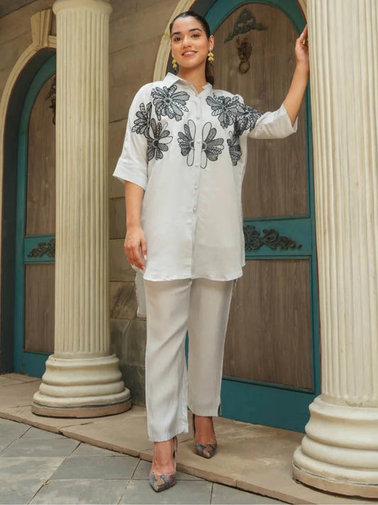 Roman Silk Embroidered Floral Shirt Co ord Set