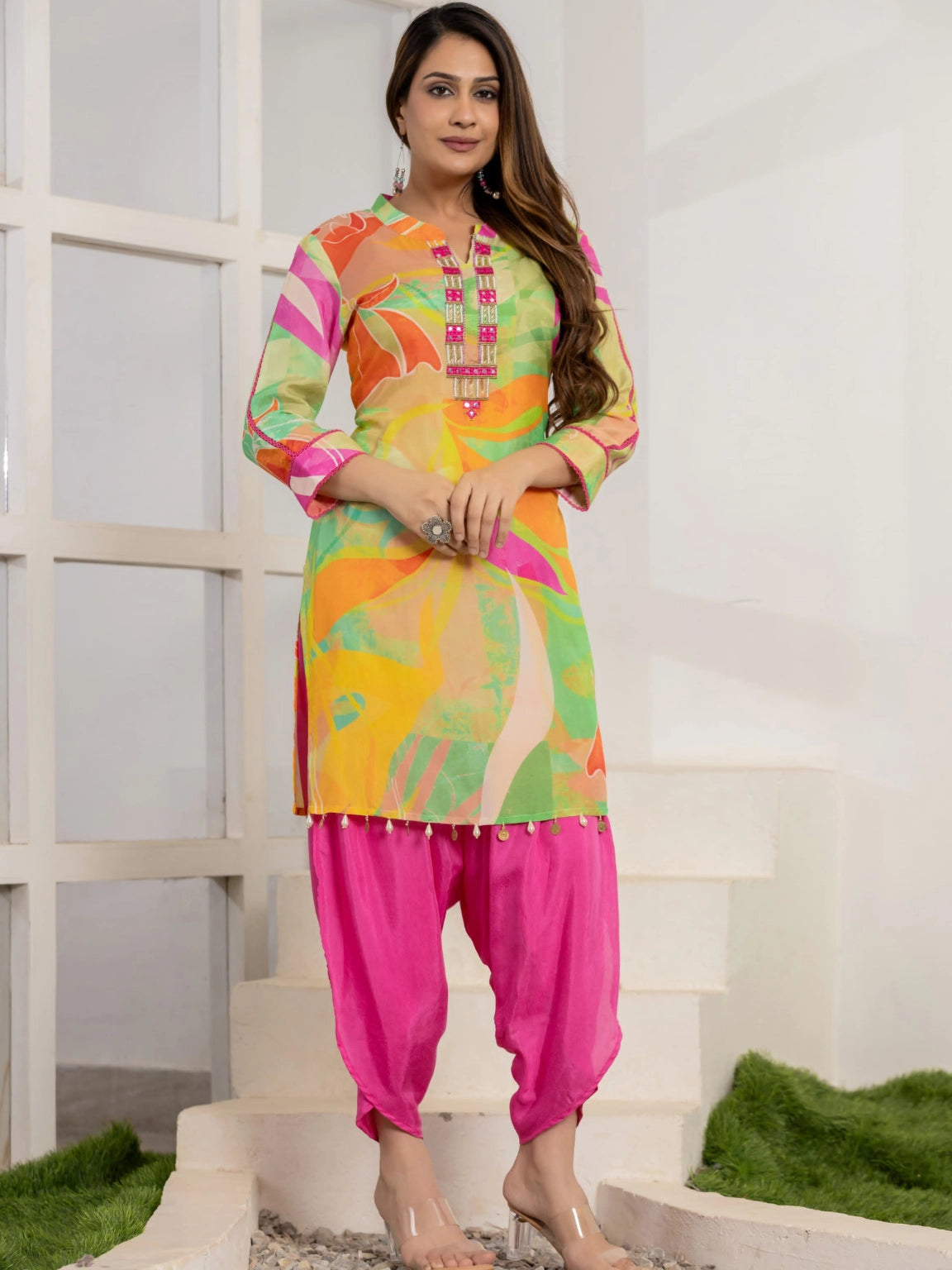 Multicolor Kurti with Pink Afghani Crepe Silk Ethnic Set