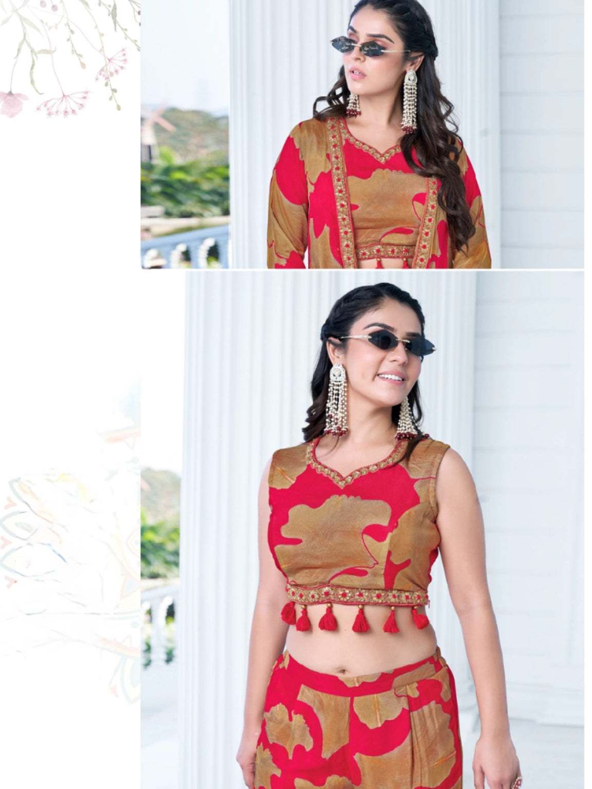 Red Chinon Crop Top Sharara Set with Shrug