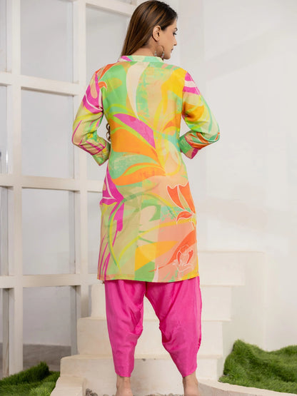 Multicolor Kurti with Pink Afghani Crepe Silk Ethnic Set