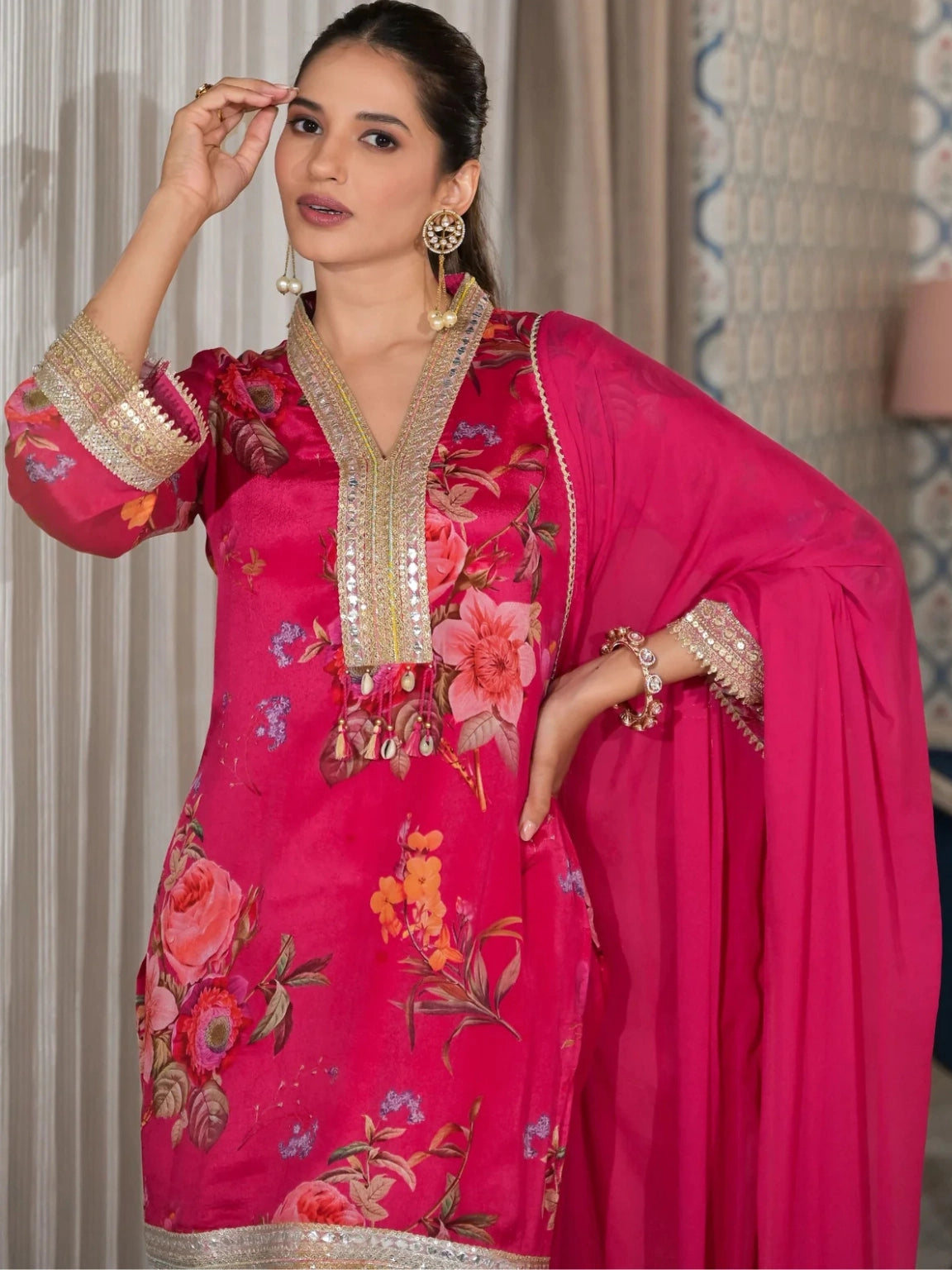 Pink Floral Printed Premium Silk Salwar Set