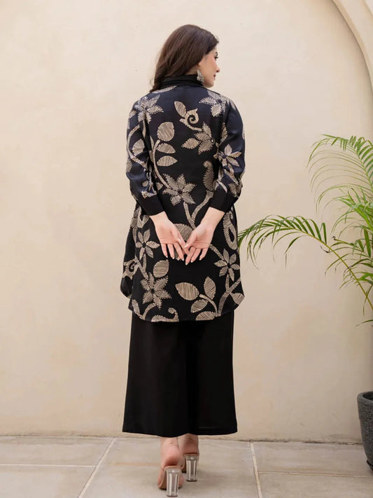 Elegant Black Floral Embroidered Kurta with Maching Palazzo Set