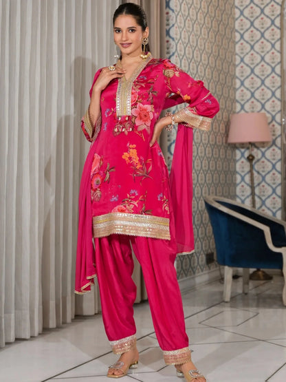 Pink Floral Printed Premium Silk Salwar Set