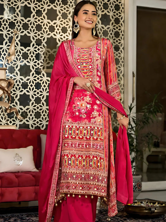 Pink Floral Printed Crepe Silk Palazzo Set