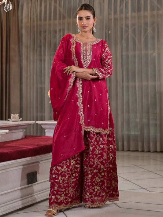 Ruby Embellished Italian Silk Palazzo Set