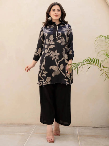 Elegant Black Floral Embroidered Kurta with Maching Palazzo Set