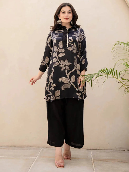 Elegant Black Floral Embroidered Kurta with Maching Palazzo Set