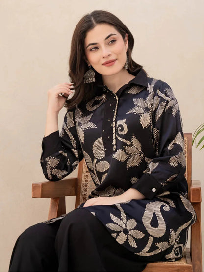 Elegant Black Floral Embroidered Kurta with Maching Palazzo Set