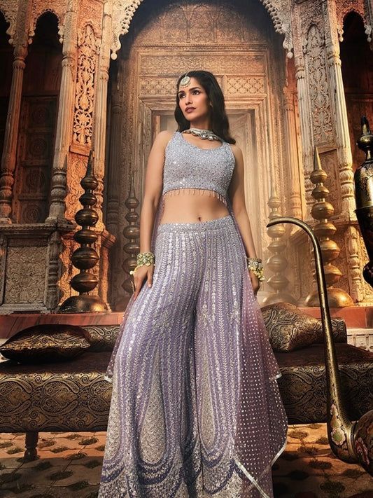 Stylish Lavender Georgette Crop Top Palazzo Ensemble