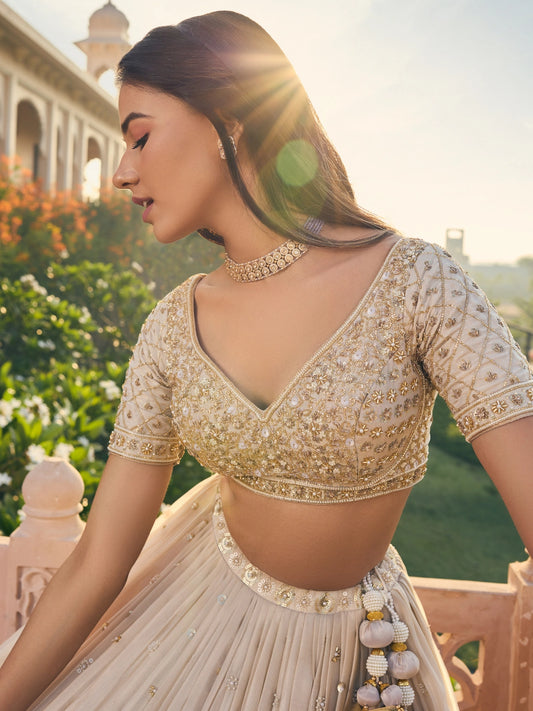 Designer Cream Chiffon Sequins Embroidered Lehenga Choli