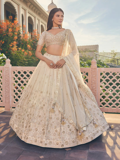 Designer Cream Chiffon Sequins Embroidered Lehenga Choli