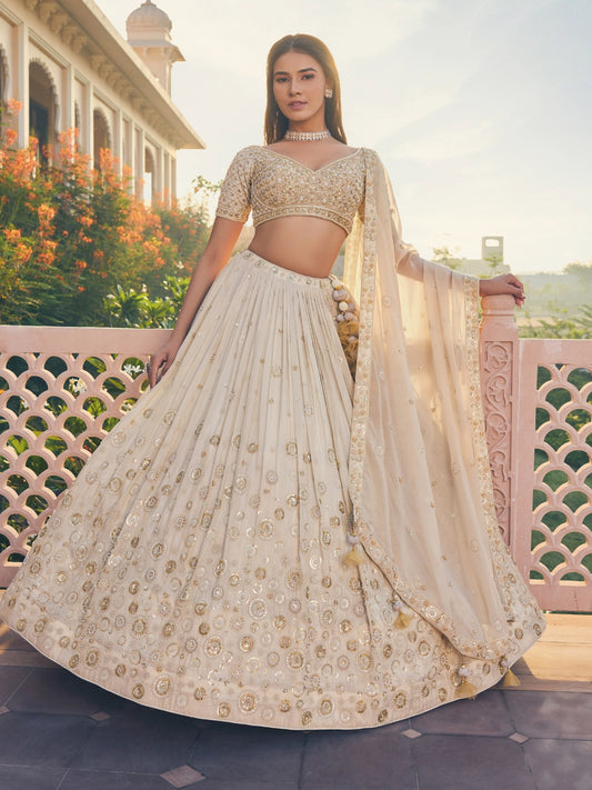 Designer Cream Chiffon Sequins Embroidered Lehenga Choli