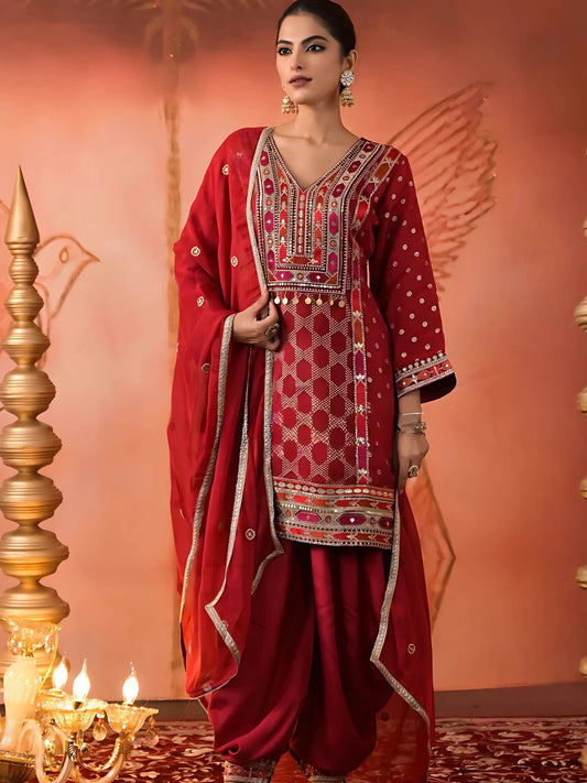 Maroon Embroidered Organza Silk Patiala Salwar Set