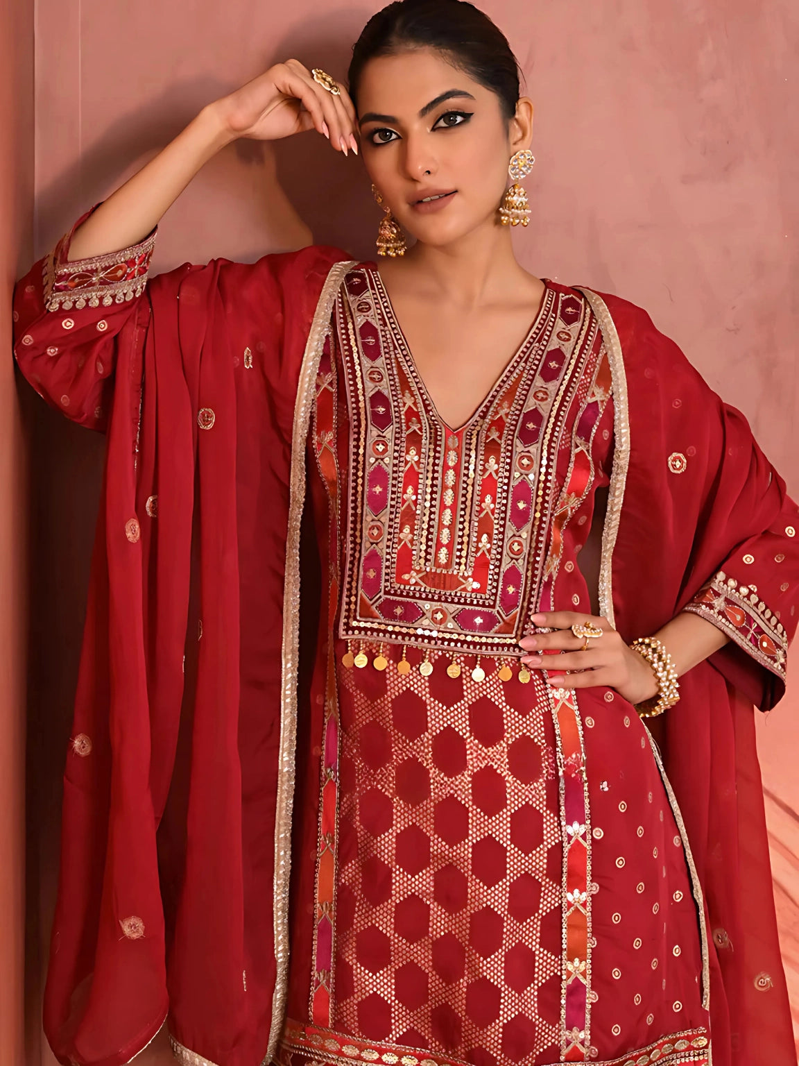 Maroon Embroidered Organza Silk Patiala Salwar Set