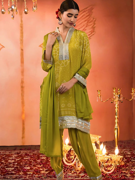 Elegant Green Gazi Silk Kurta with Salwar & Dupatta Set