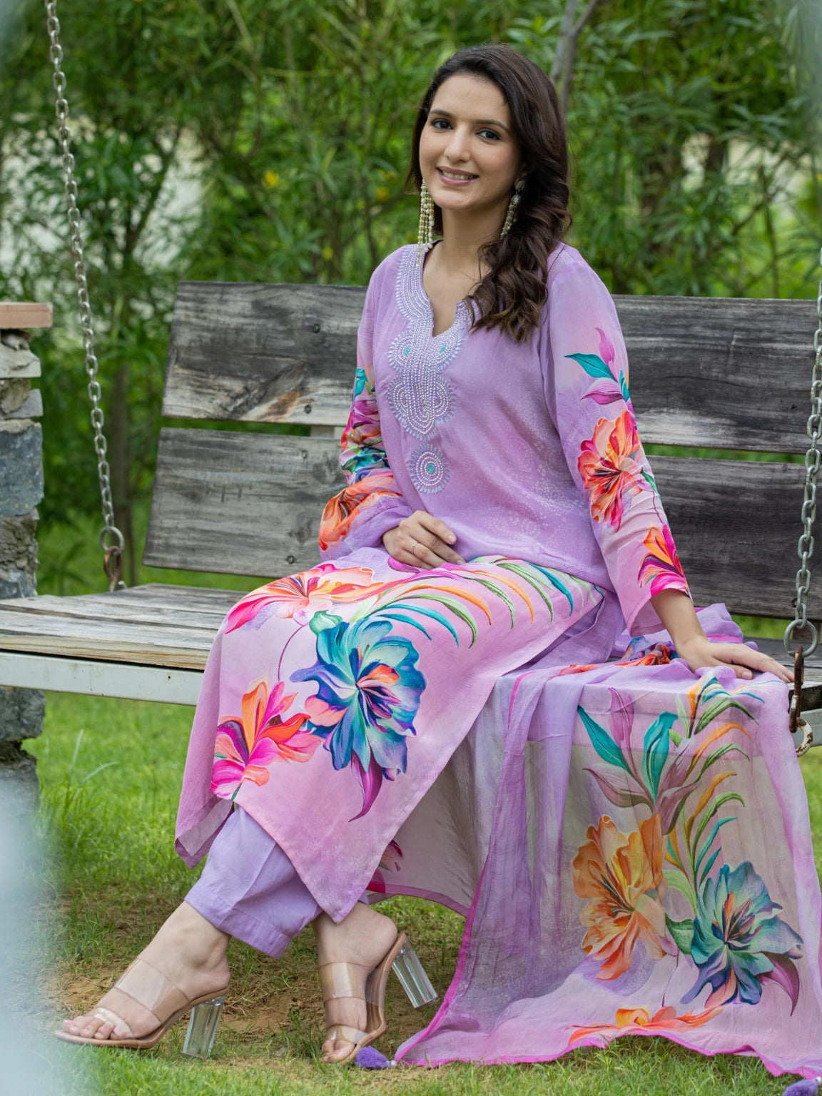 Lavender Crepe Silk Kurta Pant Dupatta Set