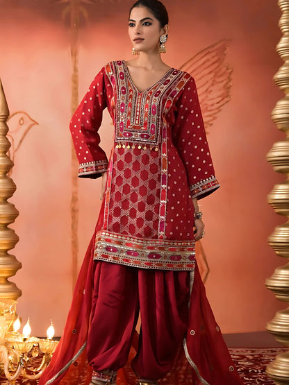 Maroon Embroidered Organza Silk Patiala Salwar Set