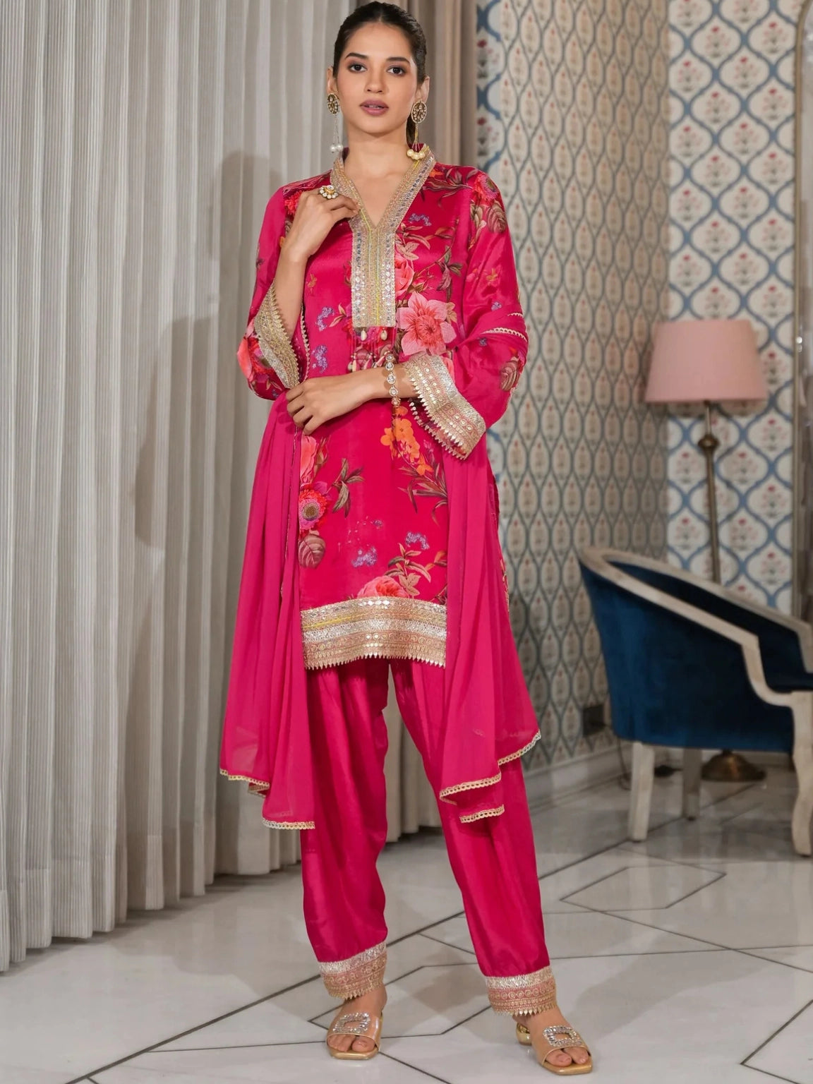 Pink Floral Printed Premium Silk Salwar Set