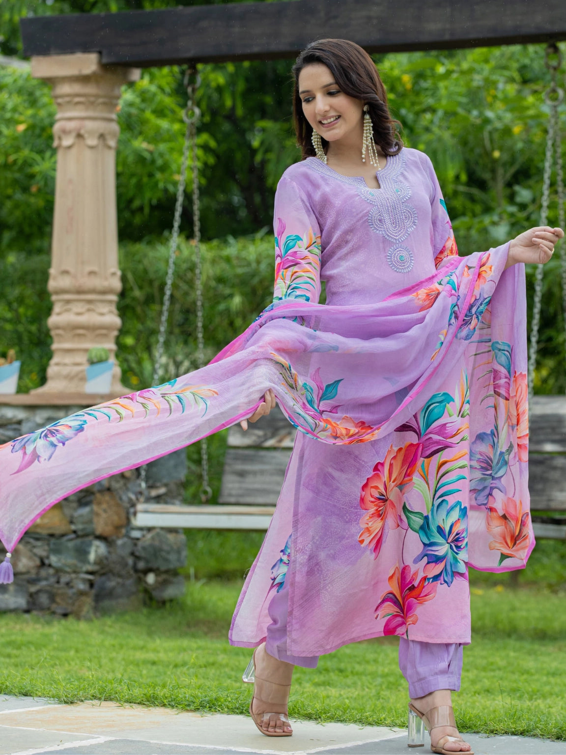 Lavender Crepe Silk Kurta Pant Dupatta Set