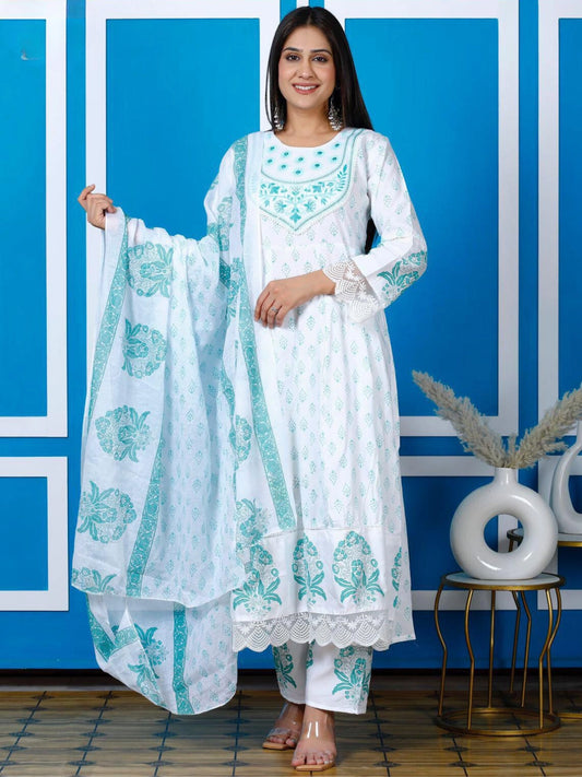 White and Green Anarkali Suit Set