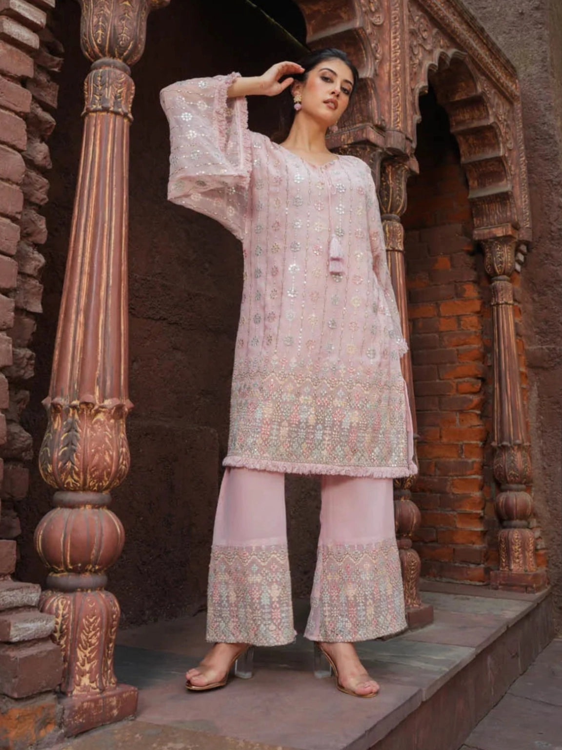 Elegant Mint Pink Embroidered Kurta Set