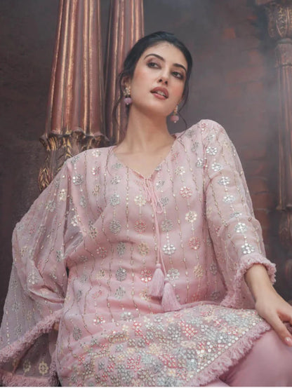 Elegant Mint Pink Embroidered Kurta Set