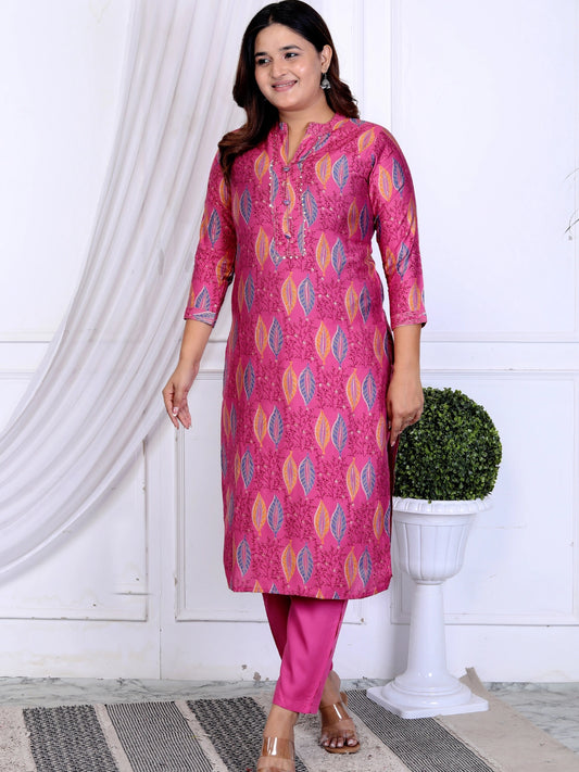 Printed Pink Rayon Kurta Pant Set