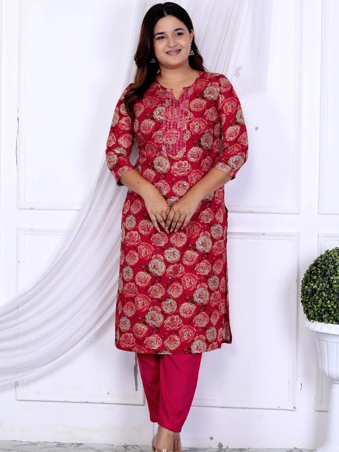 Printed Majenta Rayon Kurta Set