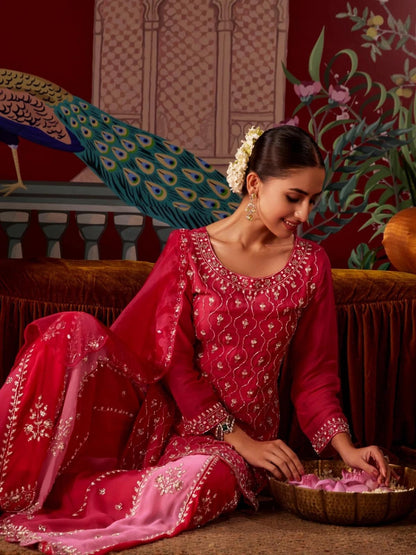 Pink Shaded Hand Embroidered Sharara Set